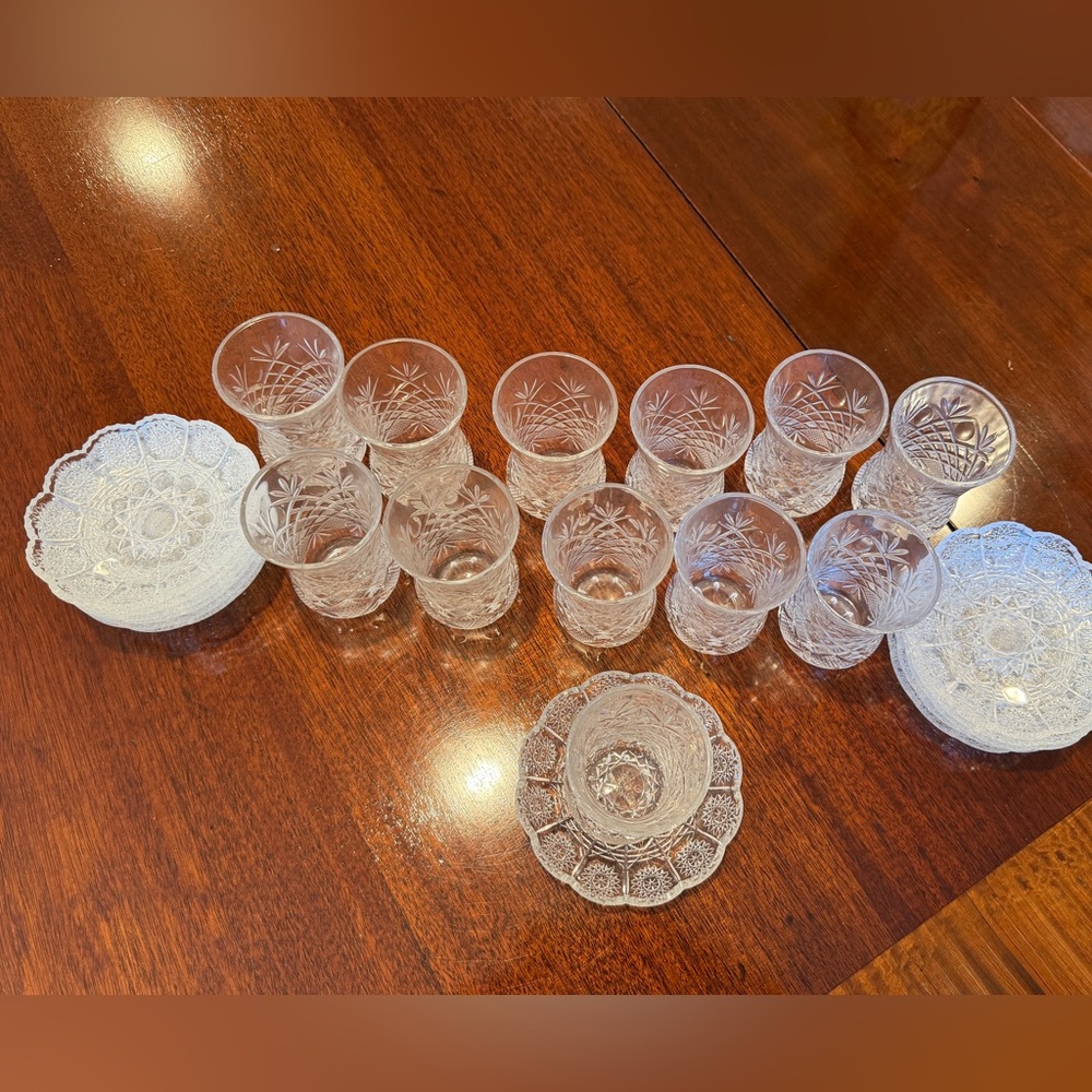 Vintage Cut Glass Turkish Tea Glasses and Saucers - Clear
